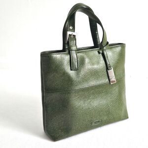 VTG ESPRIT Small Hand Tote Satchel Army Green Faux Leather Silver